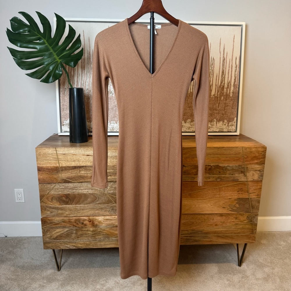 Rag & Bone Ribbed Knit Midi Dress Camel Brown Long Sleeve V-Neck